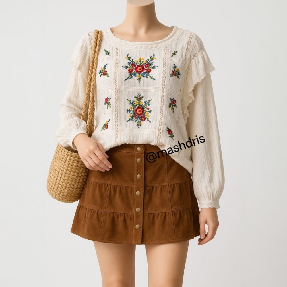 Free People Cream Floral Embroidered Blouse